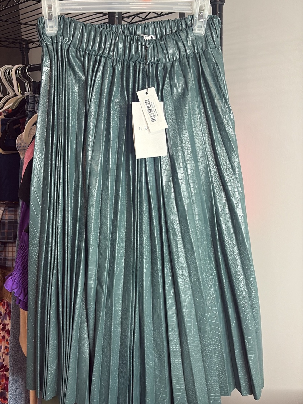 Pleated Faux-Leather Midi Skirt - Teal Green